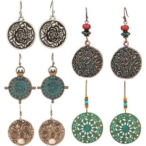 New Vintage Exaggerated Big Round Dangle Earrings Green Rose Silver Color Drop Earrings For Women Boho Earring Party Jewelry