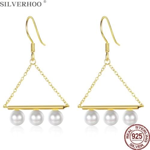 SILVERHOO 925 Sterling Silver Drop Earrings For Women Triangle Clear Pearl Earrings Simple Round Pearl Earrings Jewelry Gifts