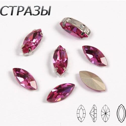 Crystal Fuchsia Colors Sew on Glitter Rhinestone Navette Strass With Silver Gold Claw Rhinestones for Craft Jewelry Clothing