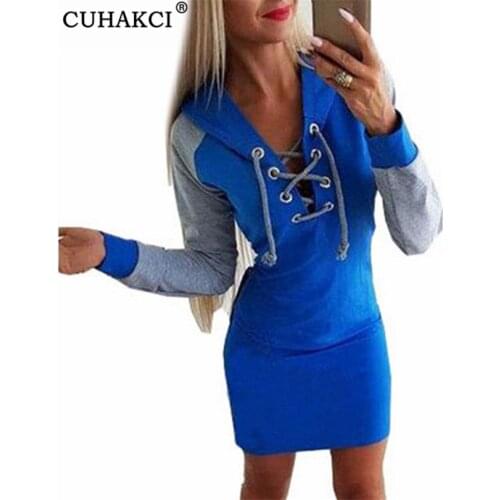 CUHAKCI Sweatshirt Plus Size Autumn Hooded Dress Bandage Front Long Sleeve Vestidos Bodycon Short Mini