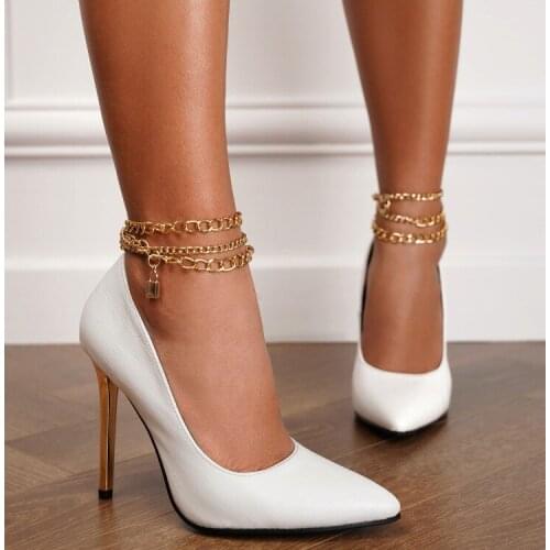 New Pointed High Heels Womens Pumps Pointed Toe Shallow Mouth Metal Chain Stiletto High Heel Sexy Dress Wedding Bride Shoes