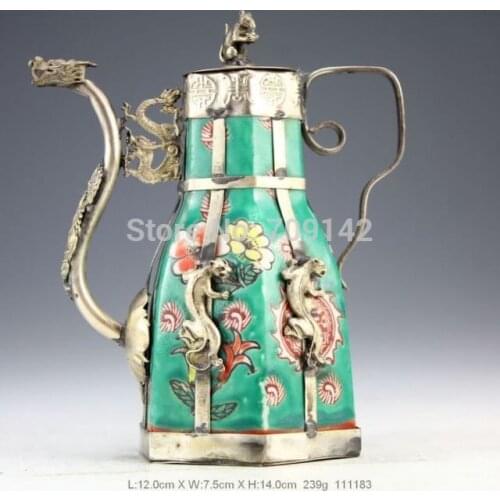 Decoration crafts art Miao Silver Oriental Vintage Handwork Porcelain Dragon Teapot Tibet Miao Antique Old Silver