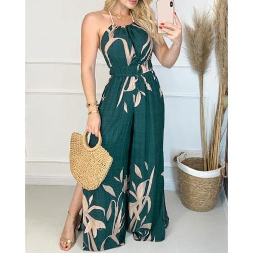 2021 Summer Fashion Print Jumpsuits Women Green Y2K Split Fork Sexy Sleeveless Spaghetti Strap Beach Party