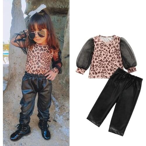 1-5Y Fashion Children Girls Clothing Sets Kids Leopard Print O-Neck Mesh Puff Long Sleeve Pullover Tops+ PU Leather Long Pants