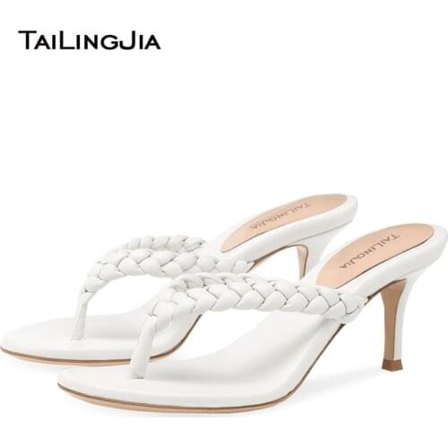 Trendy High Heel Woven Flip Flops 2020 Women White Heels Heeled Thong Sandals Ladies Slides Slippers Summer Shoes Large Size 45