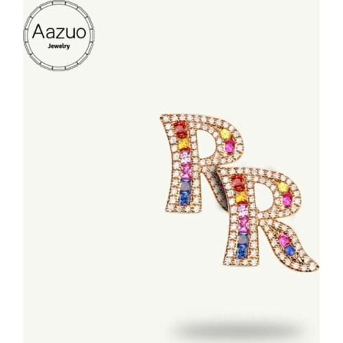 Aazuo 18K Jewelry Rose Gold Natural Coloured Gemstone Real Diamond Initial Lucky 26 Letters Stud Earring gifted for Women Au750