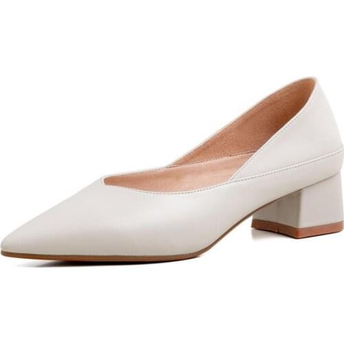 Spring Genuine Leather Cowhide Womens Pumps Chunky Middle Heels Pointed Toe Single Ladies Working Shoes