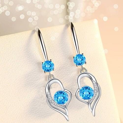 Blue Round Stone Crystal Zircon Love Heart Drop Earrings For Women Wedding Jewelry Vintage Fashion Silver Color Dangle Earrings
