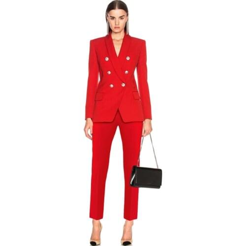 TOP QUALITY Newest 2021 Designer Career Suit Set for Ladies Shawl Collar Lion Buttons Double Breasted Blazer Pants Suit