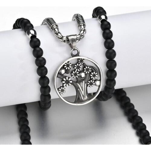 Christian Lucky Tree Of Life Pendant Necklace 316L Stainless Steel Black Beads Chain Necklace for Men Women Christian Jewelry