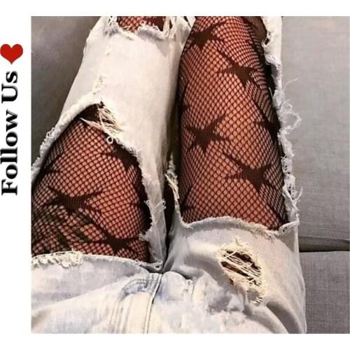 Women Sexy Lingerie Stripe Star Pattern Embroidery Fishnet Stockings Hollow Out Female Thigh High Stockings Mesh Pantyhose