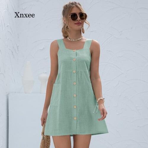 2021 Fashion Mini Dress Elegantsleeveless Loose Women Summer Green Strap Backless Vintage Lady Dresses Casual Women Clothing