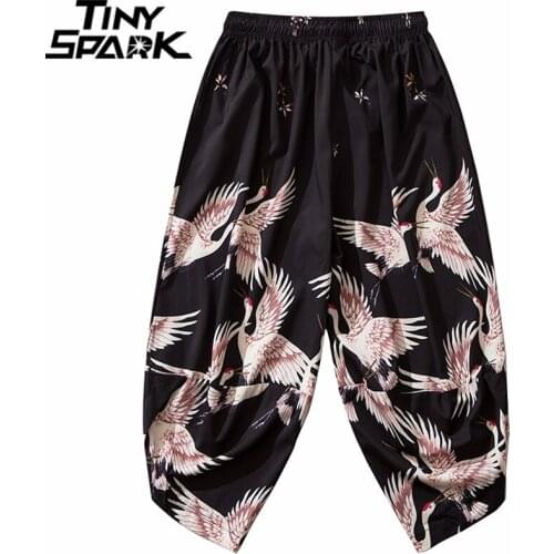 2020 Crane Print Baggy Sweatpants Joggers Men Hip Hop Japanese Style Harajuku Streetwear Pants Autumn Casual Thin Trousers Black