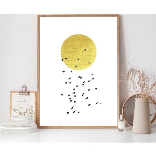 White and Gold Flying Birds Art Print Gold Sun Minimalist Art Poster Bedroom Decor Boho Wall Art Canvas Painting Home Decoration