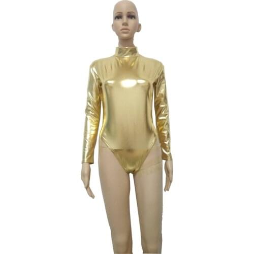 Gold color Sexy womens Shiny Metallic High neck long Sleeve Bodysuit Catsuit Lady jumpsuit for men kids