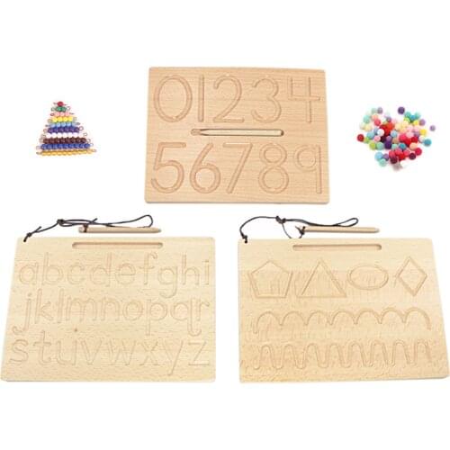 Montessori Tracing Groove Toys Writing Board Alphabet ABC Letters Board Double Shapes Number 1-10 Plush Double Side Beech Wood