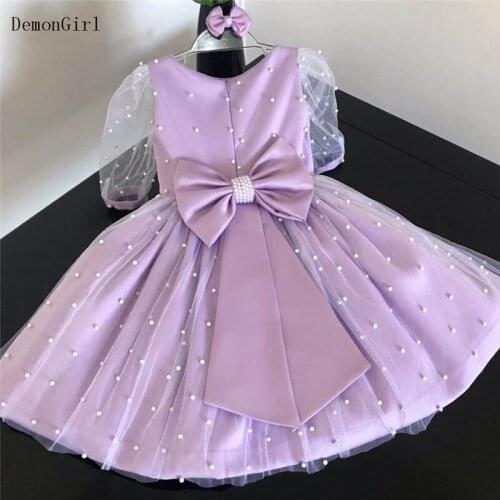 Lavender Baby Girl Dress Tulle Pearls Long Sleeves First Birthday Dresses Big Satin Bow Baptism Dress