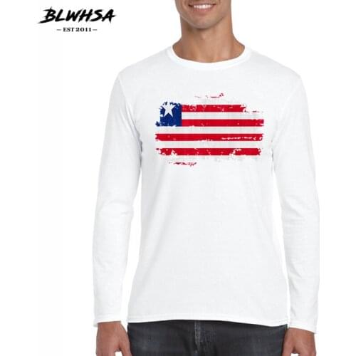 BLWHSA Mens Autumn Tops Tees Long Sleeve T Shirt Man Fashion Round Neck Liberia National Flag Nostalgic Style Mens T-shirt