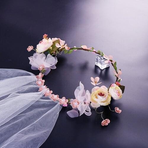 Romantic Pearl Floral Bride Flower Crown Veil Headdress Head Wreath Sweet Garland Wedding Headpiece Seaside Vacation Photography