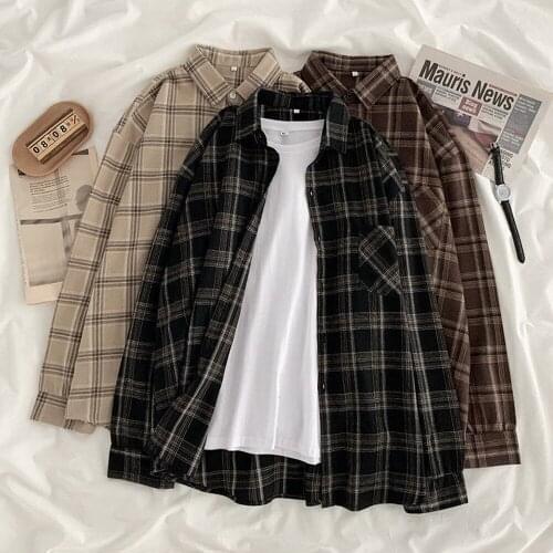 Womens Retro Black Plaid Shirt womens casual oversized shirt 2021 new summer polo collar long sleeve single breasted loose top