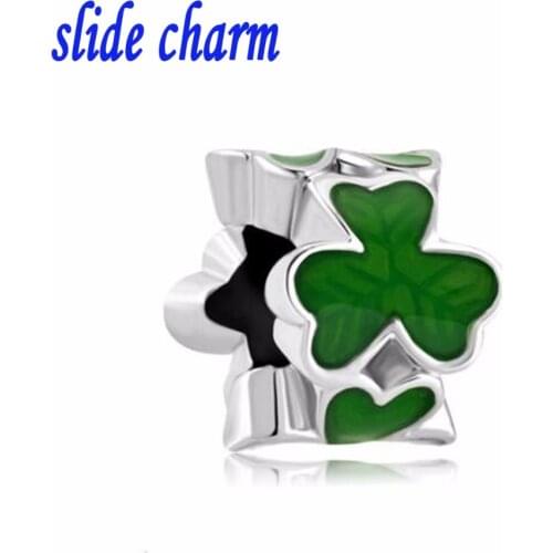 Slide charm Free shipping Fashion personality gift green shamrock painted floral charm beads fit Pandora bracelet