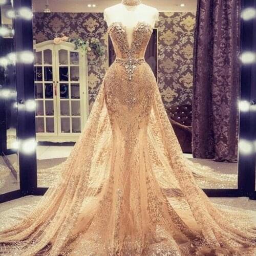 Light Champagne Overskirts Prom Dresses Sweetheart Beads Sequins Full Lace Mermaid Evening Dress Party Gowns vestidos de fiesta