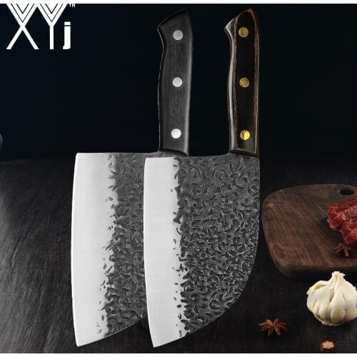 XYj 7 Inch Hammered Pattern Handmade Forged Butcher Knife Full Tang Meat Cleaver Serbian Chef Knife Outdoor Camping BBQ Knife