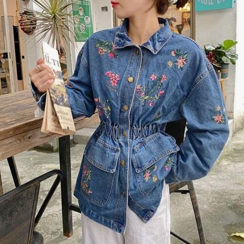 Vintage Flower Embroidery Single-breasted Elastic waist Washed Denim Jacket Women Autumn 2021 Loose Big pocket Casual Jeans Coat