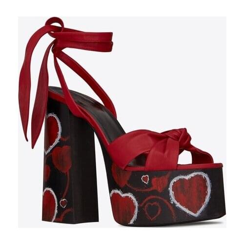 Sestito New Arrivals Women Sexy Lace-up Thick Platform Summer Ankle Strap Sandals Ladies Heart print Square High Heels Shoes