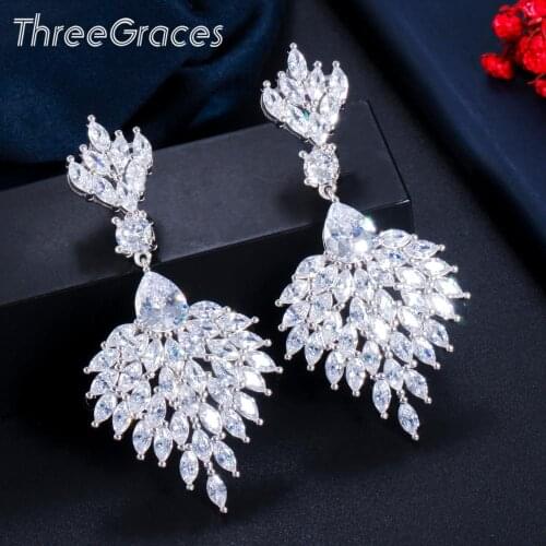 ThreeGraces Elegant White Cubic Zirconia Silver Color Long Marquise Drop Dangle Earrings for Women Wedding Party Jewelry ER511