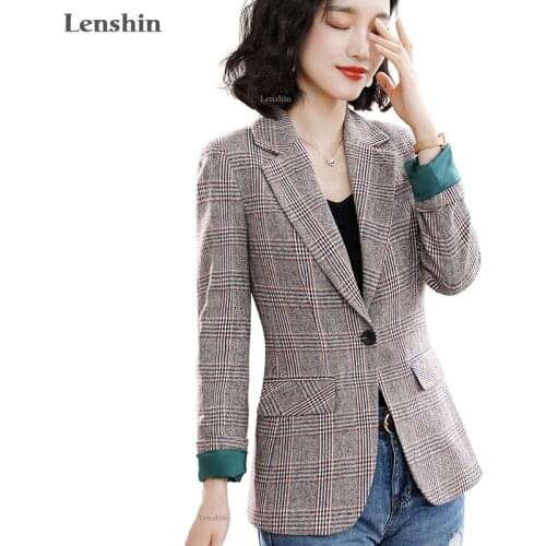 Lenshin Vintage England Style High-quality Plaid Coat with Pockets for Women Single Button Jacket Fashion Outwear Blazer
