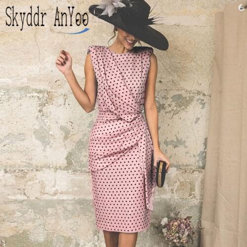 Polka Dot Women Summer Dress 2020 O-Neck Red Slim Fit Elegant Knee Length Pink Dress Ruffles Pink Vestidos Office Ladies Dress