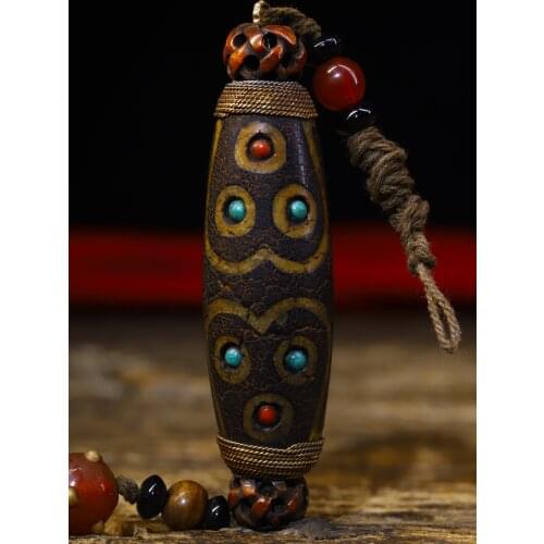 4"Tibet Temple Collection Old Natural agate Filigree mosaic Gem Dzi Bead Multiple eyes Pendant amulet Town House