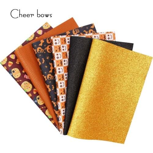 6pcs/set Synthetic Leather Sheets Halloween Printed Faux Leather Glitter Fabric For DIY Bow Gifts Decor Making Hnadmade Material