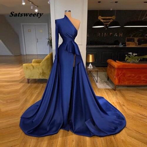 Abendkleider 2021 Moroccan Kaftan Muslim Evening Dresses Mermaid Long Sleeve Satin Arabic Dubai Royal Blue Formal Gowns Vestidos