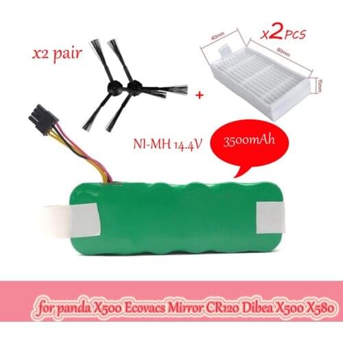 NI-MH 14.4V 3500mAh panda X500 Battery*1+Side Brush*2 Pair+Hepa Filter*2 for Ecovacs Mirror CR120 Vacuum cleaner Dibea X500 X580