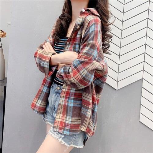 Blouse Women Shirt Spring Retro Polo Collar Plaid Loose Coat Shirt Women Blusas Ropa De Mujer