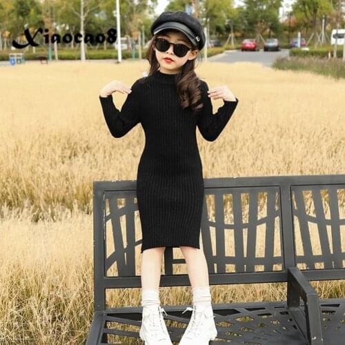Autumn Winter Kids Knit Sweater Dresses for Girls Black Beige Turtleneck Casual Dress Toddler Little Girls Fall Clothes Children