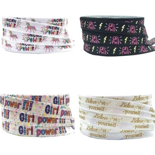 10Y Believe in yourself Print Fold Over Elastic 16mm Girl Power FOE Ribbon for Girl/unicorn Hair Tie DIY Headwear Hair Accessory