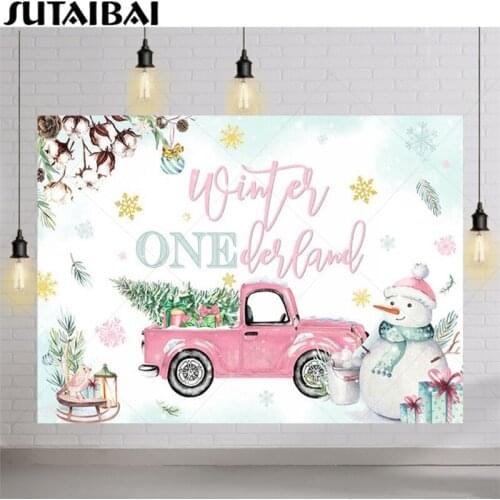 Winter Onederland Photography Background Forest Snow Pink Truck Decoration Christmas Child Portrait Photo Backdrops Props Studio