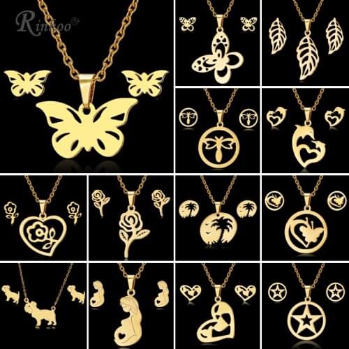 RINHOO Butterfly Rose Flower Heart Leaf Gold Color Stainless Steel Sets For Women Necklace Earrings Jewelry Set Wedding Jewelry