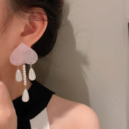 Korean Fashion Acrylic Pink Heart with Imitation Pearl Waterdrop Long Tassel Earrings for Women Cute Sweet Popular Jewelry BY34