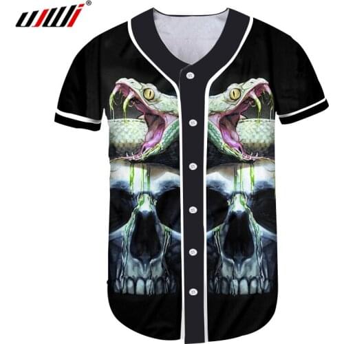 UJWI Summer Tops Men Button Tshirt Cool Print Snake Skull 3d Baseball Jerseys T-Shirts Man Fit Slim Short Sleeve Uniform Shirts
