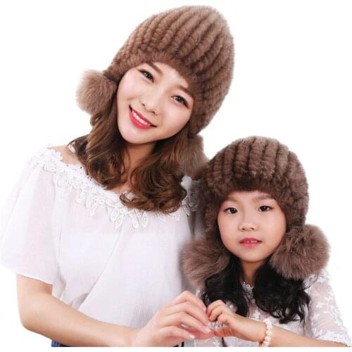Hot Sale 2017 Women Genuine Knitted Mink Fur Bomber Hats Parent-child Winter Caps Ear Warmers Fashion Headgear Fur Hat
