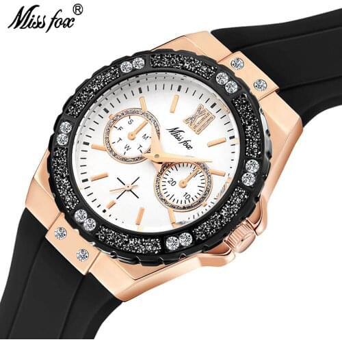 MISSFOX Fashion Women Watches Full Rhinestones Analog Dial Luxury Rubber Buckle Band Ladies Quartz Wristwatch 2593