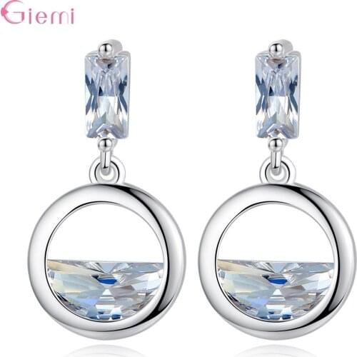Fashion Geometric 925 Sterling Silver Spring Water Stud Earrings Round Zircon Waterdrop Earring For Women Oorbellen