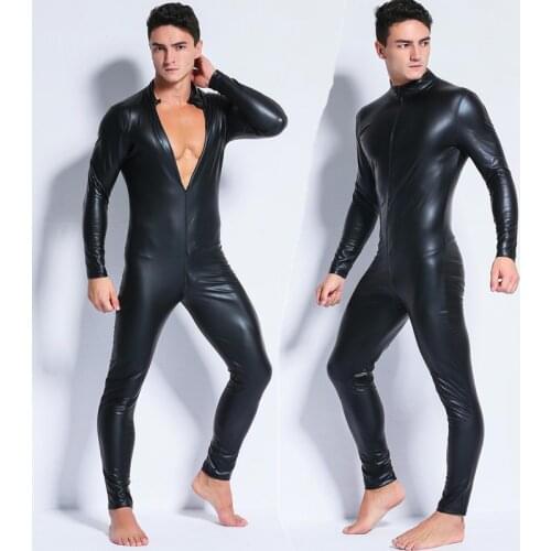 Mens Wetlook Faux Leather One Piece Skin Bodysuit 2020 Sexy Open Crotch Tights Catsuit Zentai Suit Male Fetish Costume Clubwear