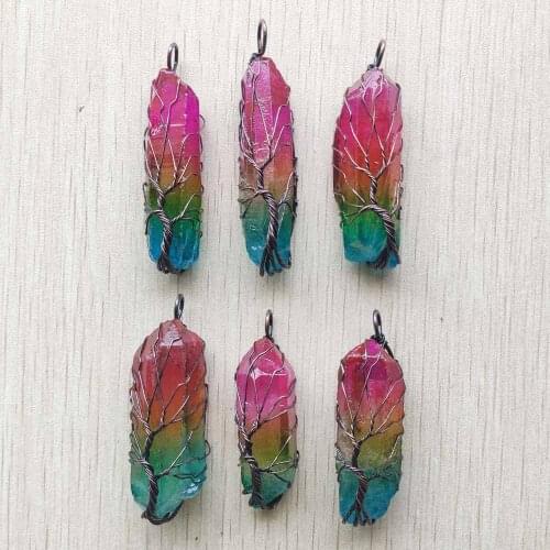New Wholesale 6 pieces natural colourful crystal antique copper wire wrapped pillar shape pendants for necklace jewelry marking