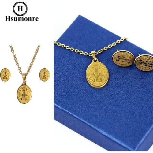Virgin Mary Oval Necklace Earrings Set Love Necklace Charm Pendant Best Gift for Mother Girlfriend Golden Color Stainless Steel