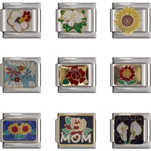 Hapiship 2021 New Bracelet Charms Flowers for Mom Gift Daisy Charm Links Fit 9mm Bracelet Stainless Steel Diy Making DJTop12